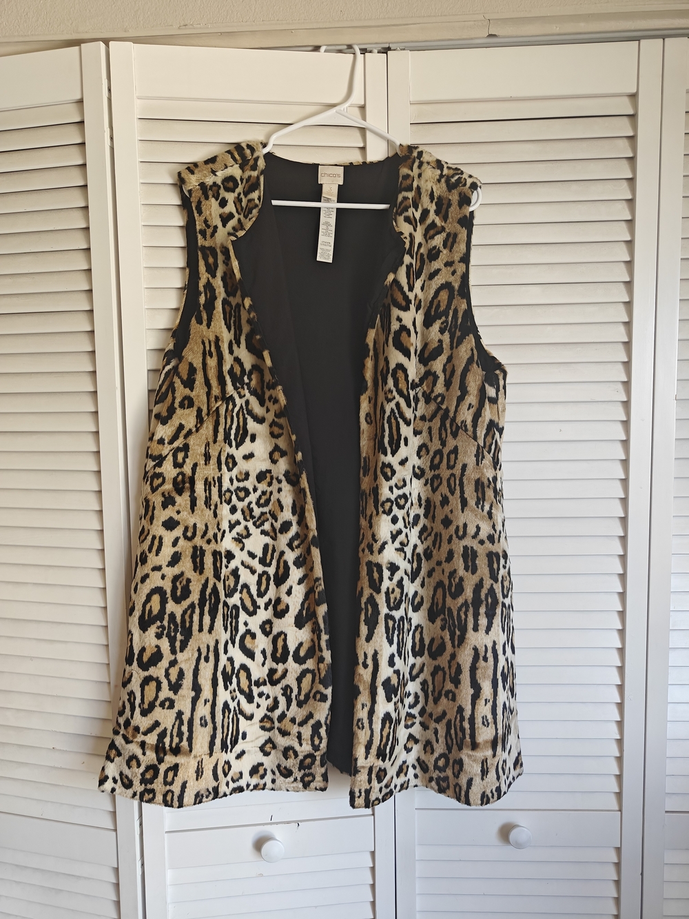 Chico's Faux Fur Long Vest Leopard Cheetah Print with Open Front Size 3